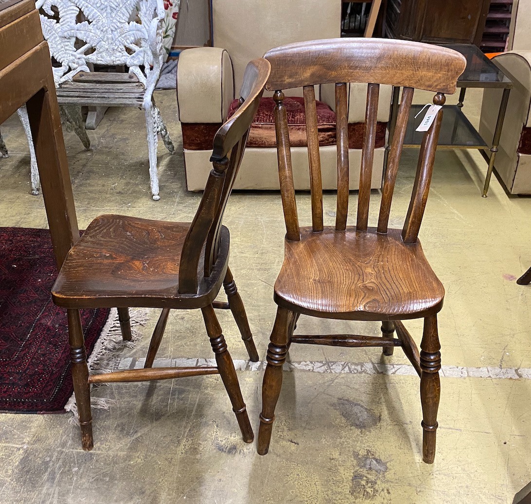 A set of six Victorian elm and beech Windsor lathe back kitchen chairs together with a circular part painted elm stool